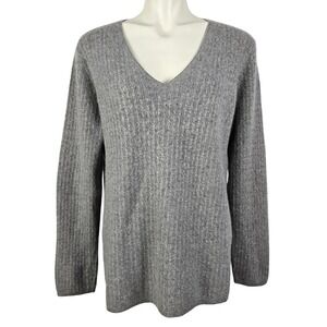 Kirkland Signature Women's Grey 100% Cashmere V-Neck Sweater Cable Knit XL